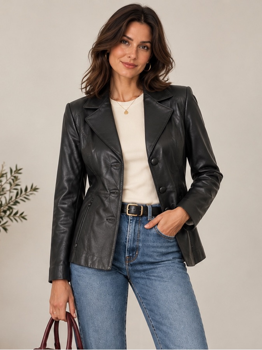 Covington Women’s M Black Leather Blazer Jacket 3 Button Y2K 90s Minimalist